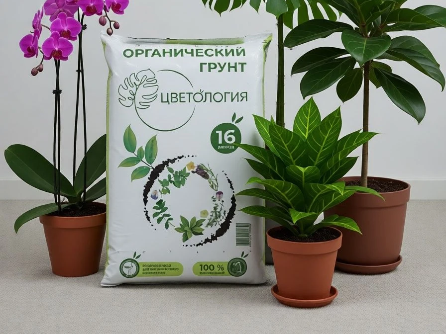Пакет органического грунта «Цветология» среди комнатных растений